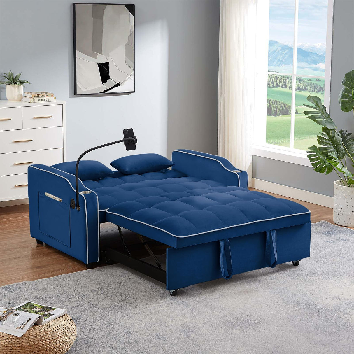 JEEOEHY 3 in 1 Convertible Sleeper Sofa Bed,Velvet Pull Out Couch Bed w USB&Type C Port,Comfy Futon Loveseat w Adjustable Backrest&Phone Stand&Cup Holder for Living Room Apartment Small Space(Blue) JEEOHEY