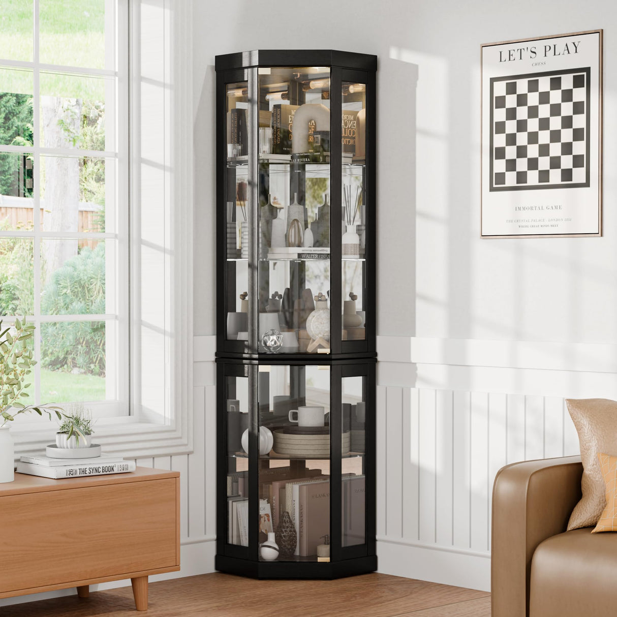 Trygoal 70" H Lighted Corner Curio Cabinet, Display Curio Cabinet with Tempered Glass Doors and Shelves, Corner Display Case with Light Bulb for Living Room, Dining Room, Black Trygoal