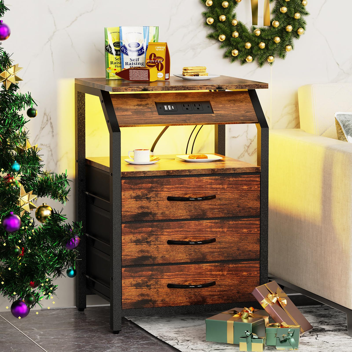 SZLHANJZ End Tables Set of 2, Nightstands with Charging Station and LED Lights, 3 Drawers Fabric Dresser, Storage Side Tables for Bedside, Living Room, Rustic Brown SZLHANJZ