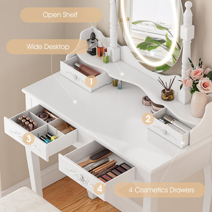 Vanity Desk with Mirror and Lights, Modern Vanity Makeup Table and Cushioned Stool Set with 4 Drawers, 3 Color Lighting Modes with Adjustable Brightness, Dressing Table Set for Bedroom (White - WoodArtSupply