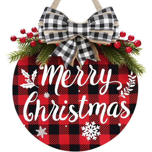 Christmas Decorations - Buffalo Plaid Xmas Wreath - Winter Wreaths Merry Christmas Sign for Holiday Rustic Farmhouse Front Door Porch Wall Window Outside Decorations