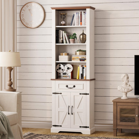 IRONCK Bookshelf with Storage Cabinet, 72" Tall Farmhouse Bookcase with Adjustable Shelves and Drawer, 4 Tier Open Shelf Bookcase with LED Lights for Home Office, Living Room, White/Walnut IRONCK