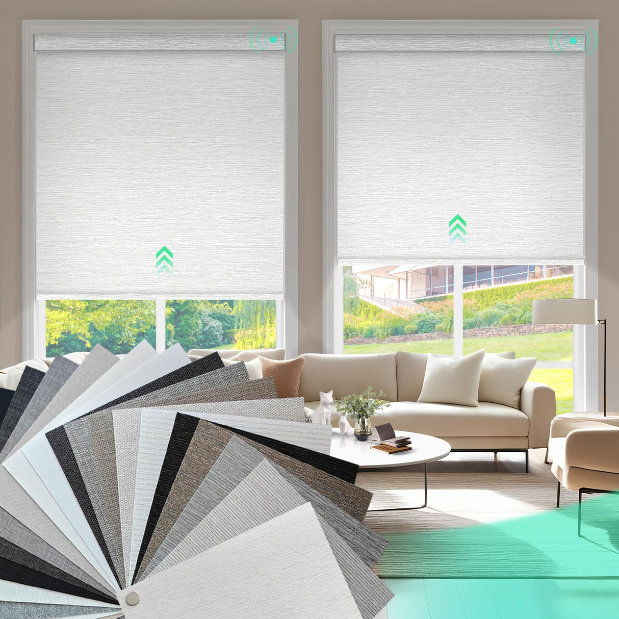 HeyBlinds Motorized Blinds with Remote, 100% Blackout Smart Blinds, Motorized Shades, Automatic Blinds for Windows, Electric Blinds (Blackout Roller Shades Fabric Samples) HeyBlinds