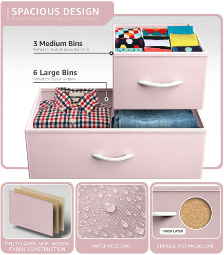 Sorbus Dresser with 9 Drawers - Furniture Storage Chest Tower Unit for Bedroom, Hallway, Closet, Office Organization - Steel Frame, Wood Top, Fabric Bins (Solid Pink, Solid) Sorbus