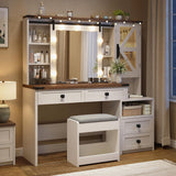 EnHomee 47.2" W Farmhouse Vanity Desk with Mirror and Lights, Makeup Vanity with Charging Station & 4 Drawers,Makeup Vanity Table for Bedroom,White,Stool not Included EnHomee