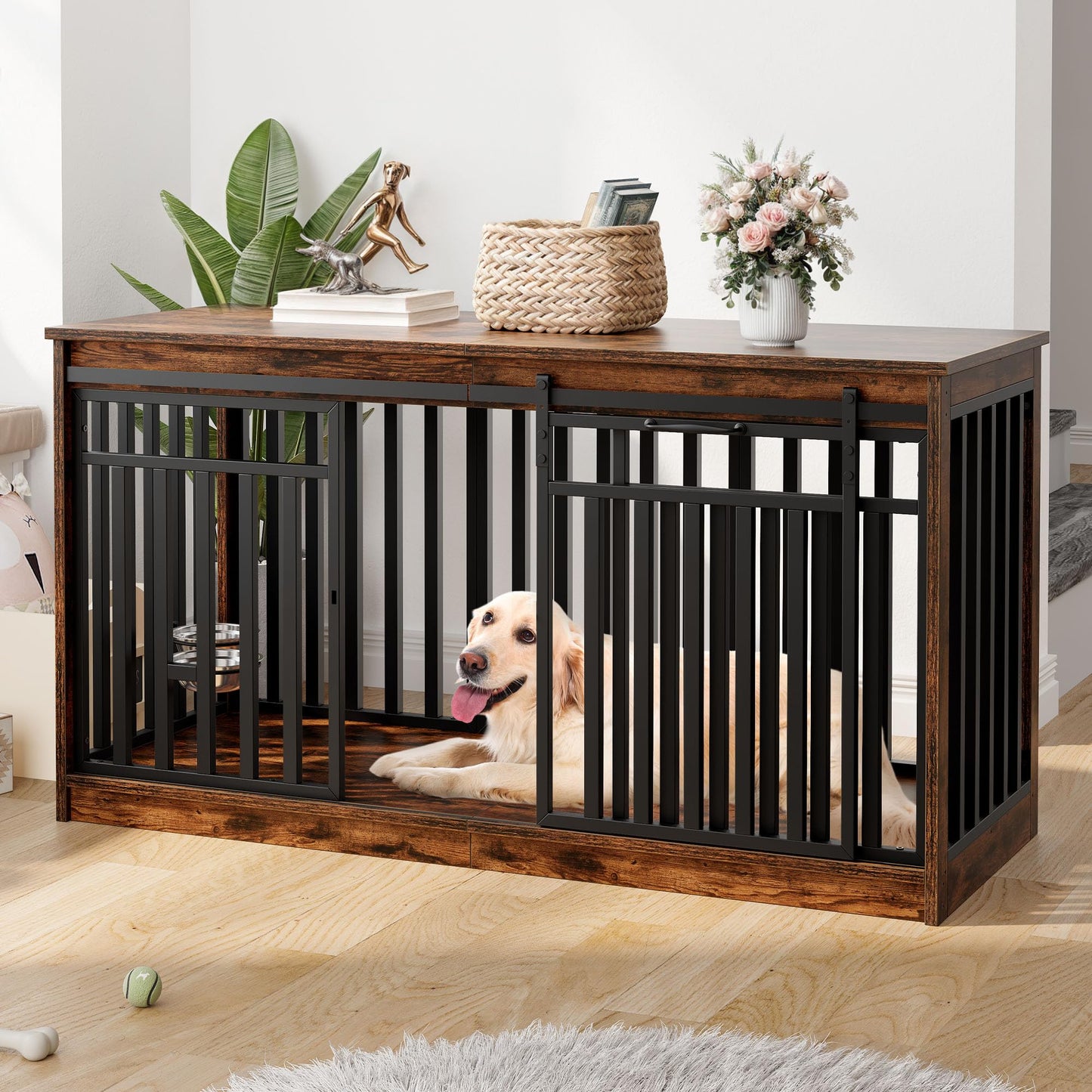 DWVO 55" Extra Large Dog Crate Furniture, Heavy Duty Metal Dog Kennel TV Stand with Sliding Door, Wooden Dog Cage Table with Dog Bowl for Extra Large Medium Dogs or 2 Small Dogs, Rustic Brown