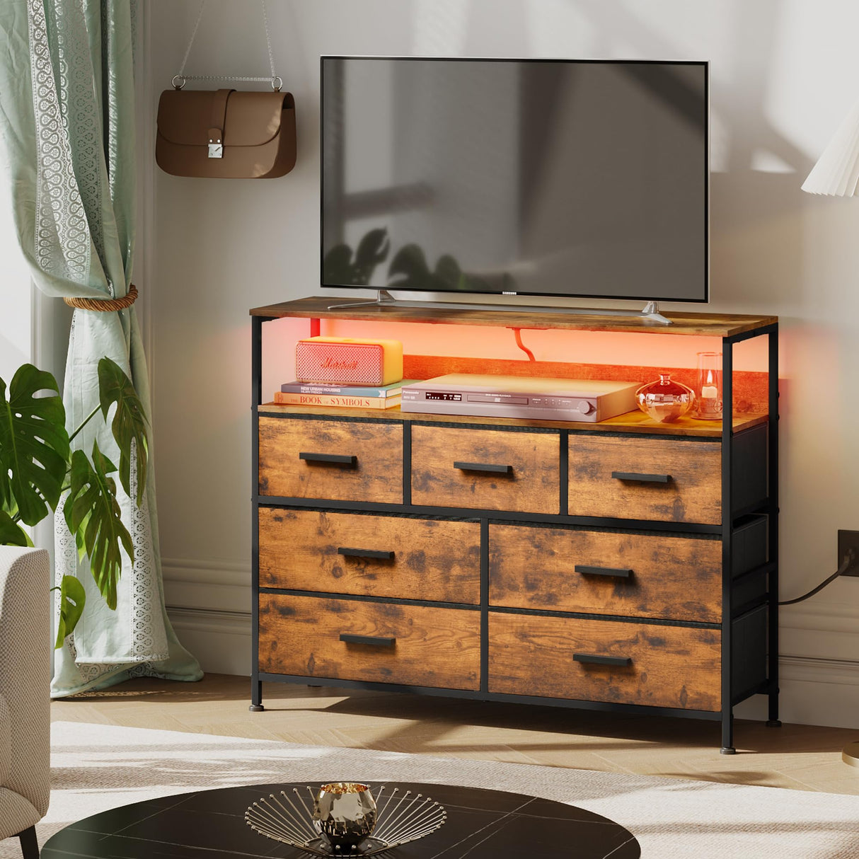 NASHZEN Dresser TV Stand with 7 Drawers, Dresser TV Stand with LED Lights & Power Outlets, Bedroom Dresser, Chest of Drawers up to 45'' Long TV, Wide Fabric Dresser with Open Shelf (Rustic Brown) NASHZEN