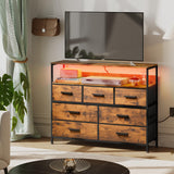 NASHZEN Dresser TV Stand with 7 Drawers, Dresser TV Stand with LED Lights & Power Outlets, Bedroom Dresser, Chest of Drawers up to 45'' Long TV, Wide Fabric Dresser with Open Shelf (Rustic Brown) NASHZEN