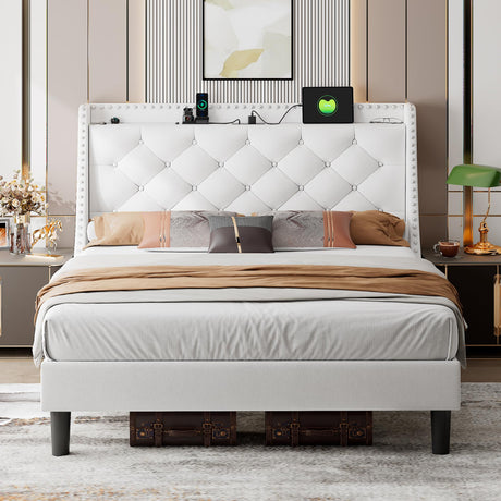 iPormis Velvet Full Size Bed Frame with 16" Comfort Wingback & Charging Station, Upholstered Platform Bed with Button Tufted Storage Headboard, Solid Wood Slats Support, No Box Spring Needed, White iPormis