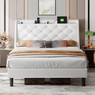 iPormis Velvet Full Size Bed Frame with 16" Comfort Wingback & Charging Station, Upholstered Platform Bed with Button Tufted Storage Headboard, Solid Wood Slats Support, No Box Spring Needed, White