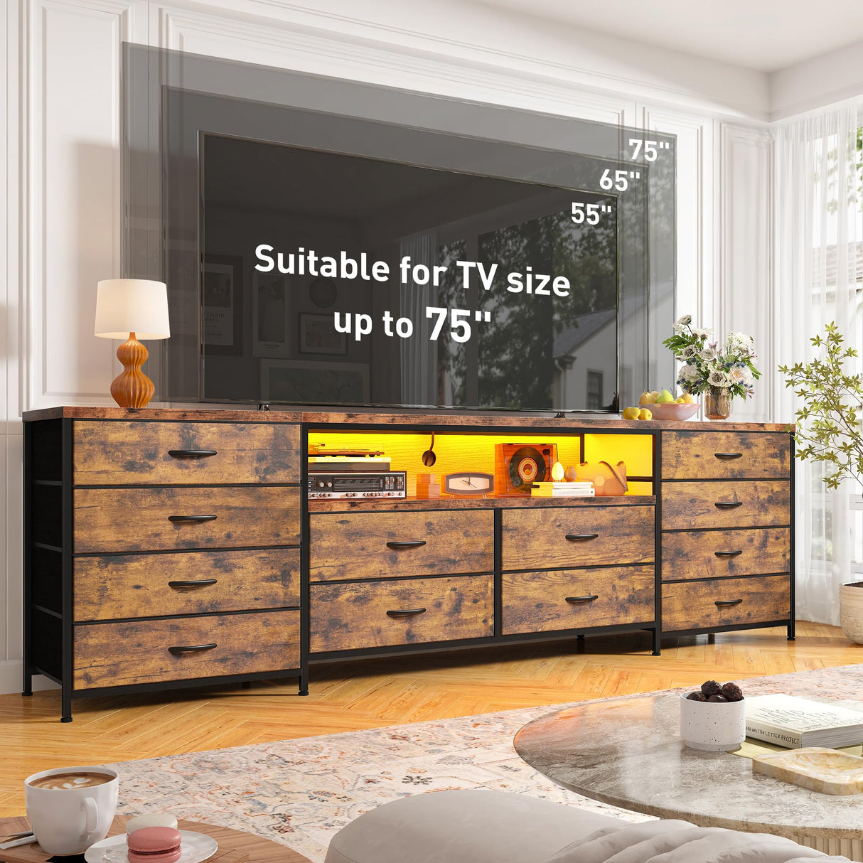 EnHomee 12 Drawer Dresser TV Stand for 65 70 75 Inch TV 63" W Extra Long Dresser for Bedroom with LED Lights & Power Outlets Entertainment Center with Fabric Drawers for Closet Rustic Brown EnHomee