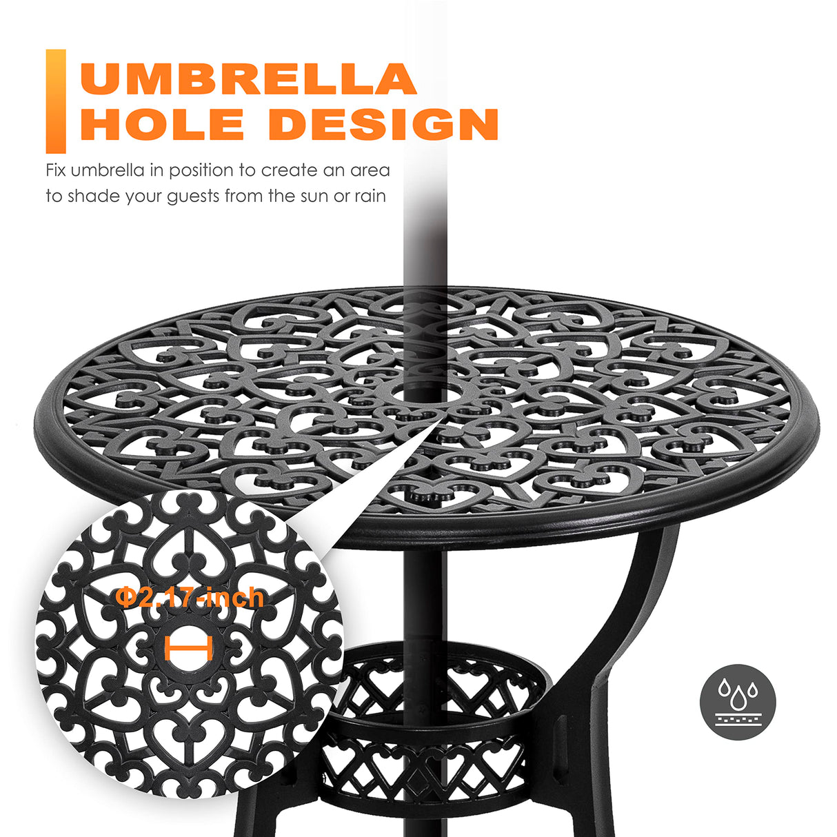 NUU GARDEN Outdoor 3-Piece Bistro Set with Cushions, Round 24 Inch Cast Aluminum Bistro Table with 2.17" Umbrella Hole, 2 Cast Aluminum Bistro Chairs, for Patio, Garden, Backyard and Balcony, Black NUU GARDEN