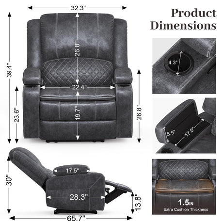 Yolsali Recliner Chairs for Adults, Oversize Manual Reclining Chair with 2-Tier Cushions, Dutch Velvet Recliner Chair with Hidden Storage Space, Living Room Recliner Chairs with Cup Holders - Grey Yolsali