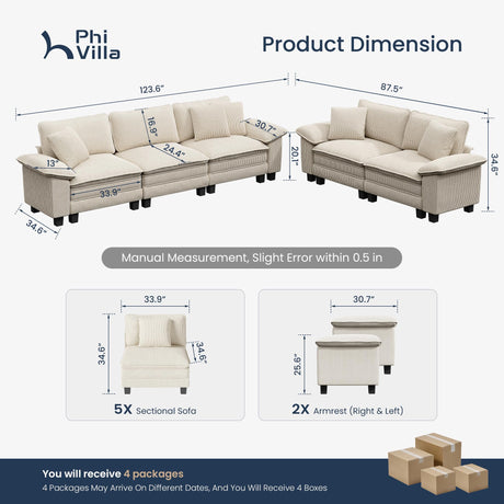 PHI VILLA Cloud Modular Couches Sets, 2 Pieces Comfy Sectional Sofa Set with Loveseat, 5-Seater Upholstered Couch for Living Room, Corduroy, Beige PHI VILLA