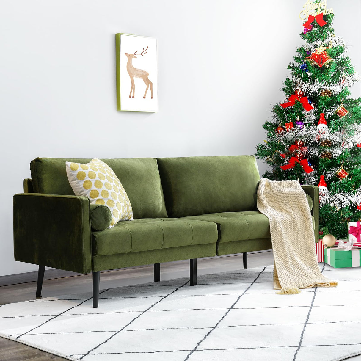 Vonanda Velvet Sofa Couch, Mid Century Modern Craftsmanship 73 inch 3-Seater Sofa with Comfy Tufted Back Cushions and 2 Bolster Pillows for Compact Living Room, Elegant Mustard Green Vonanda