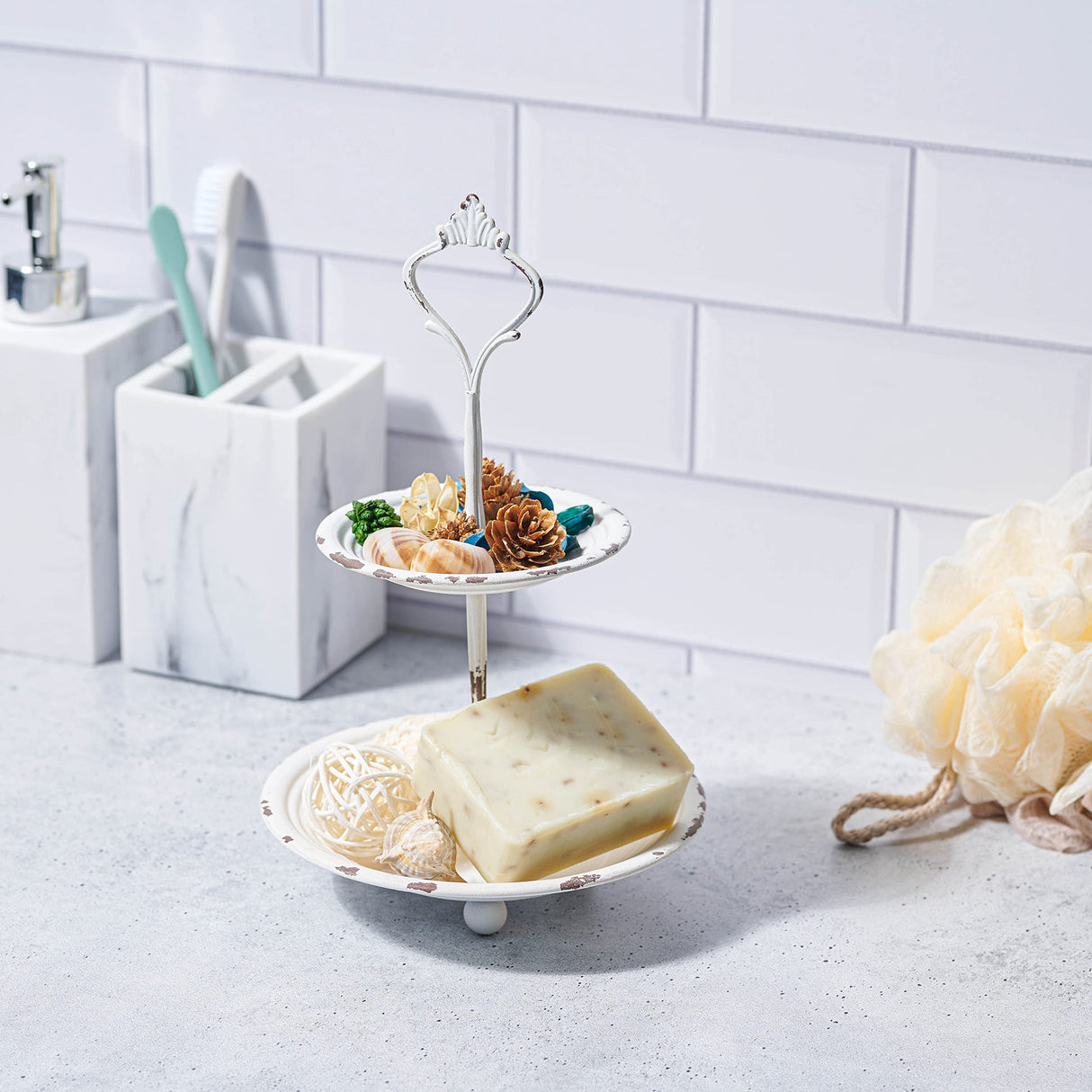 Stonebriar Small 2 Tier Worn White Metal Tray, Rustic Farmhouse Decor, Tiered Jewelry Tray for Vanity or Bathroom, 9.25" Stonebriar