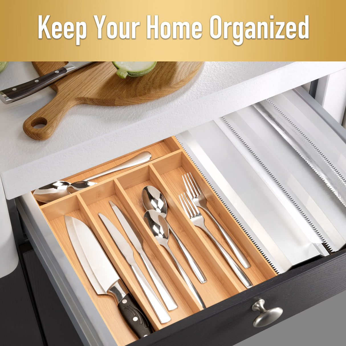 Besilord Silverware Organizer Kitchen Drawer Organizer Utensil Organizer Bamboo Silverware Holder Cutlery Organizer in Drawer Flatware Organizer Tray(5 slots, Natural Besilord