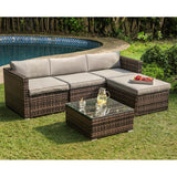 COSIEST 5-Piece Outdoor Furniture All-Weather Mottlewood Brown Wicker Sectional Sofa w Warm Gray Thick Cushions, Glass-Top Coffee Table, Patio COSIEST