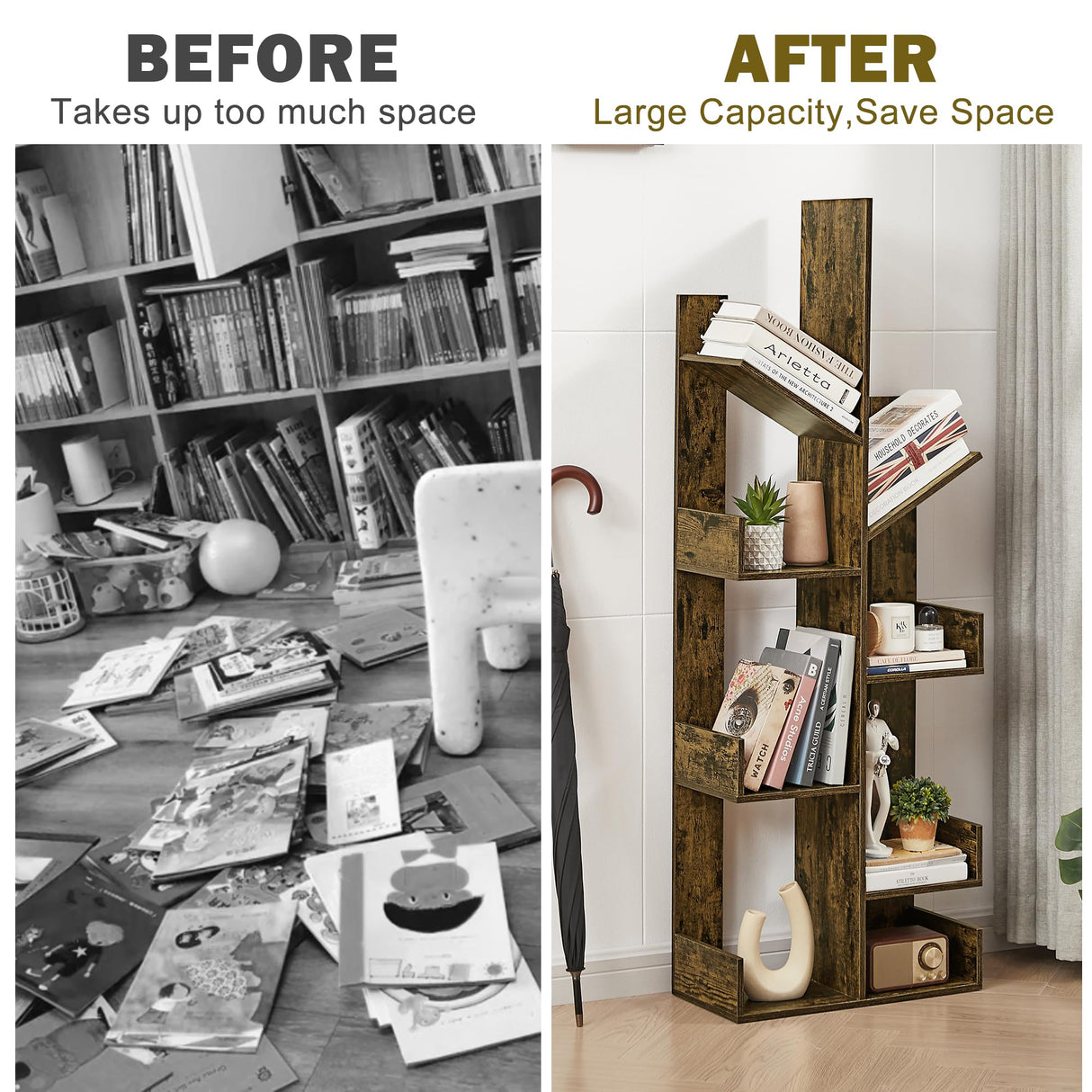 VECELO 8 Shelf Tree Bookcase,Wooden Tree Bookshelf Display with 8 Storage Shelves, Tree-Shaped Shelf Organizer for Books,CDs and Decors in LivingRoom Bedroom Studyroom Home Office,Rustic Brown VECELO