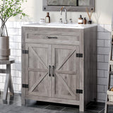 VINGLI Farmhouse Bathroom Vanity with Ceramic Sink, Bathroom Vanity Cabinet w/Barn Door&Faux Drawer, 30 Inch Bathroom Sink Cabinet Combo, Rustic Floor Storage Cupboard,Grey Wash VINGLI