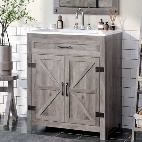 VINGLI Farmhouse Bathroom Vanity with Ceramic Sink, Bathroom Vanity Cabinet w/Barn Door&Faux Drawer, 30 Inch Bathroom Sink Cabinet Combo, Rustic Floor Storage Cupboard,Grey Wash VINGLI