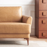 Atopston 63" Faux Leather Loveseat Sofa, Mid-Century Modern Decor 2 Seater Love Seat Couches, Comfy Armrest Small Couch with Wood Grain Legs for Living Room Apartment, Tan Leather Atopston