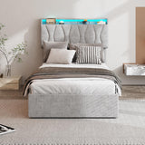 Twin Size Lift Up Storage Bed Frame with Adjustable Headboard, Charging Station, LED Lights, Wood Slats, Noise-Free, No Box Spring Needed, Light Grey Fameill