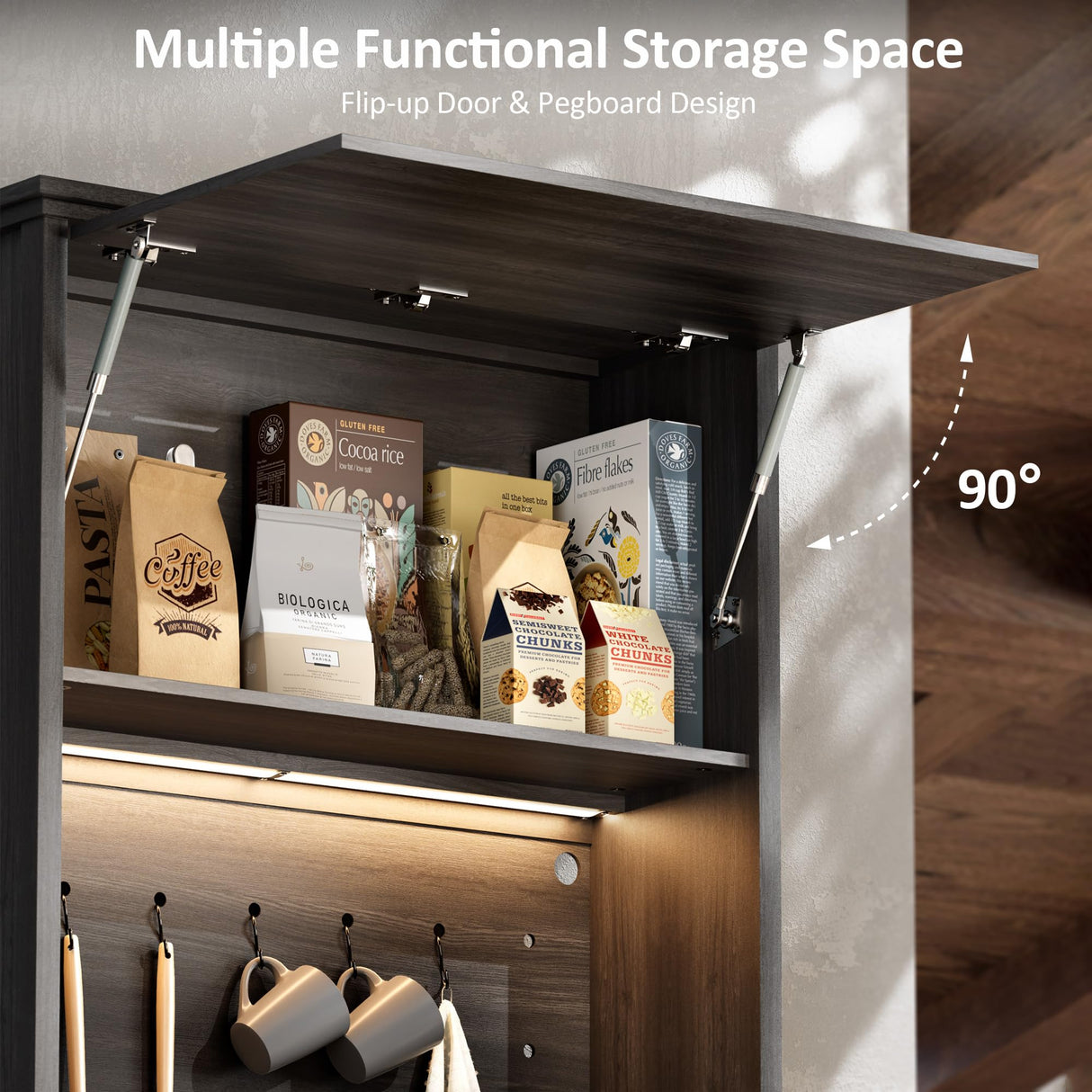 nesture. 71.5" Tall Kitchen Pantry with Hydraulic Flip Up Door, Storage Cabinet with LED Lights & Charging Station, Drawer and Adjustable Shelves, Cupboard for Kitchen, Dining Room, and Hallway, Black nesture.