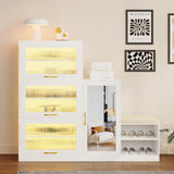 LVSOMT Modern Shoe Storage Cabinet with Shoe Bench, Freestanding Rack with Mirror, LED Light, & Charging Ports, Hidden Organizer, Large Wooden Cabinet for Entryway (White) LVSOMT