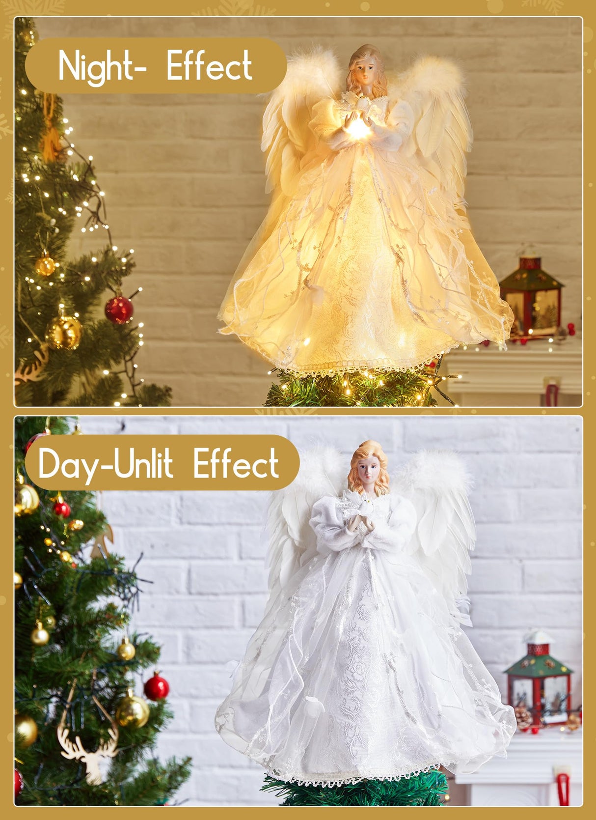 Christmas Tree Topper Angel with Lights, Xmas Tree Toppers Decorations Ornament with White Feather Wings, Plug in Christmas Tree Angel Treetop for Indoor Office Holiday Brightown