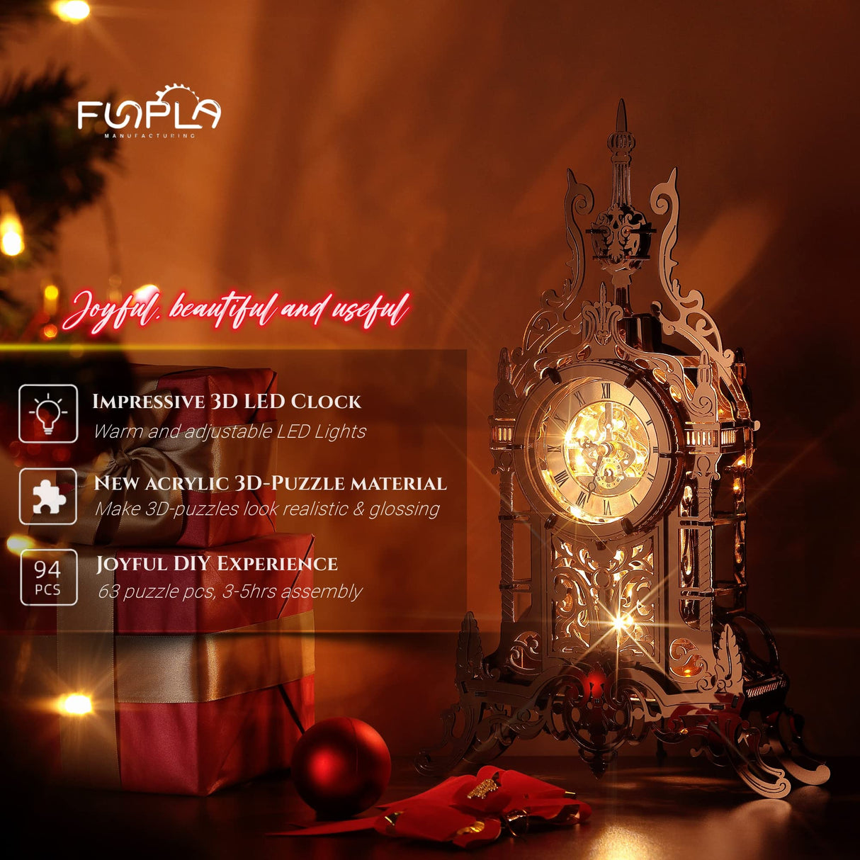 FUNPOLA LED 3D Puzzle Clock Building Model, 3D Acrylic Puzzle Tower Clock Building Model Desktop LED Ornament Clock Home Decor Elegant Gifts for Teens/Adults (LED-TC03 Arcylic) FUNPOLA