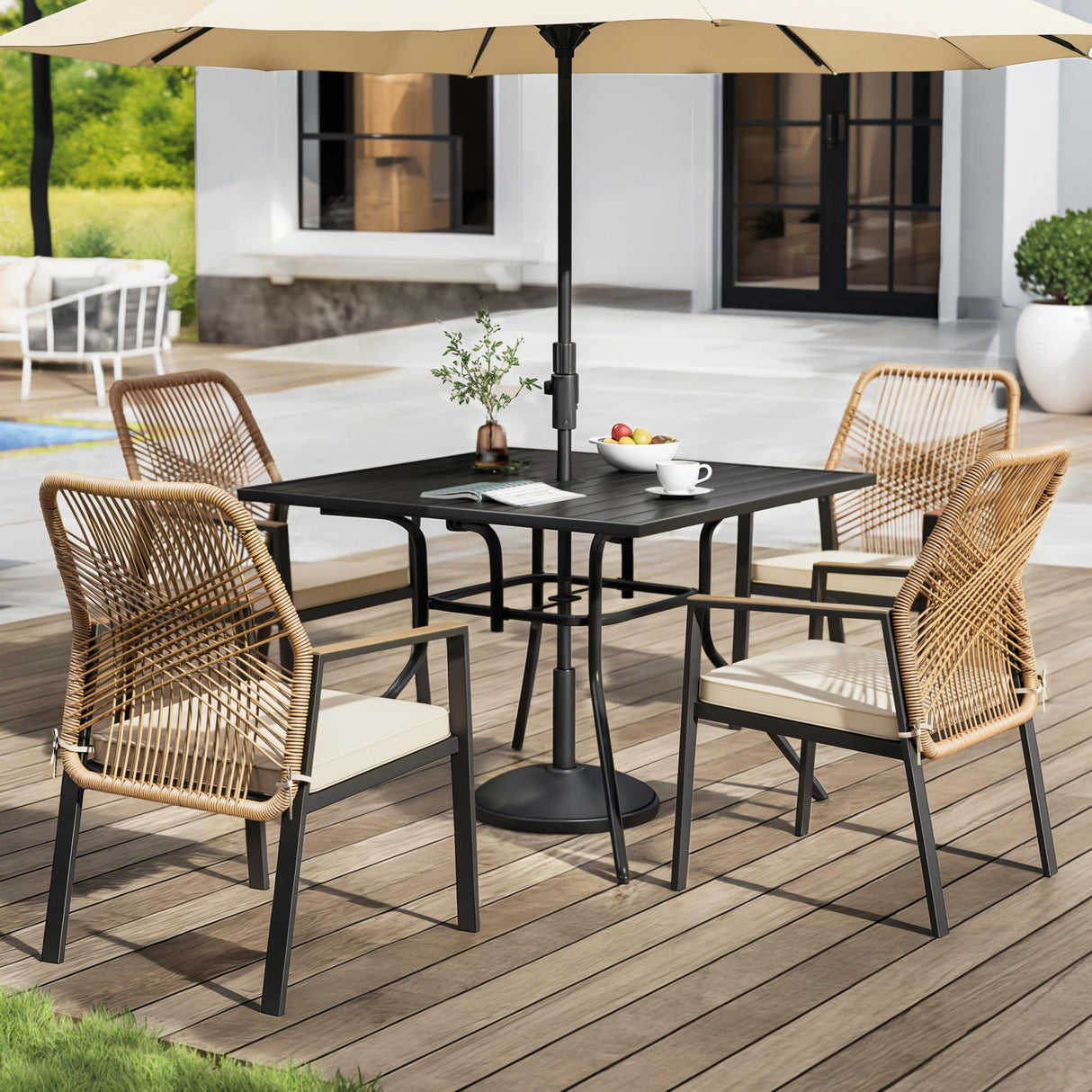 SUNCOZE Outdoor Patio Dining Set, 5 Pieces Rattan Patio Table and Chairs Set with Cushion and Umbrella Hole, Wicker Outdoor Patio Furniture Sets of 4 for Backyard and Porch, Beige SUNCOZE