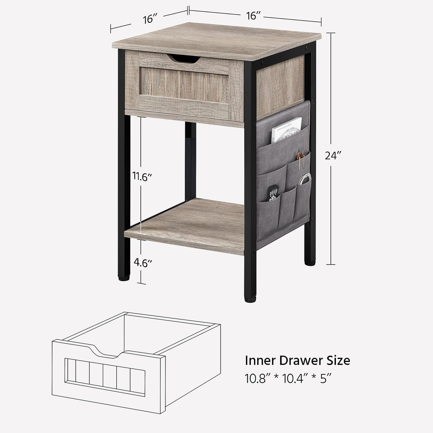 Yaheetech End Table with Drawer and Shelf, Sofa Side Table with Removable Storage Bag, Wooden Nightstand Bedside Table with Steel Legs for Living Room/Bedroom/Small Space, Gray