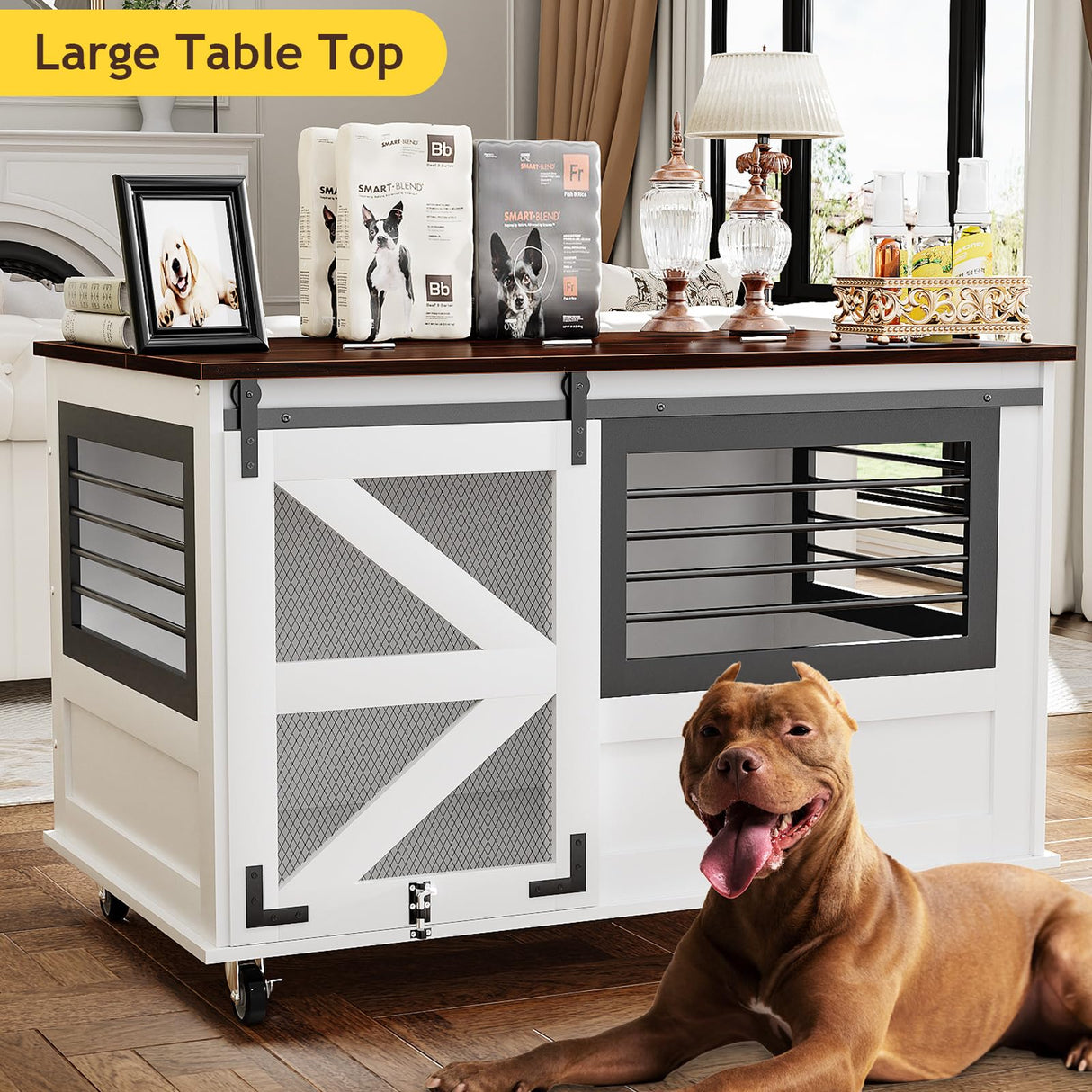 kepptory 47 inch XL Dog Crate Furniture with Top-Access Teasing/Feeding Doors, Farmhouse Wooden Decorative Dog Crates with Wheels, Chew-Resistant Dog Crates End Table for Medium&Large Dogs, White kepptory