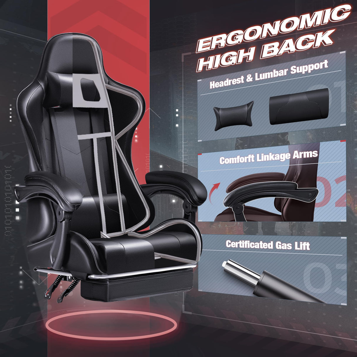 Furmax Gaming Chair, Video Game Chair with Footrest and Massage Lumbar Support, Swivel Seat Height Adjustable Computer Chair with Headrest, Racing E-Sport Gamer Chair (Black) Furmax