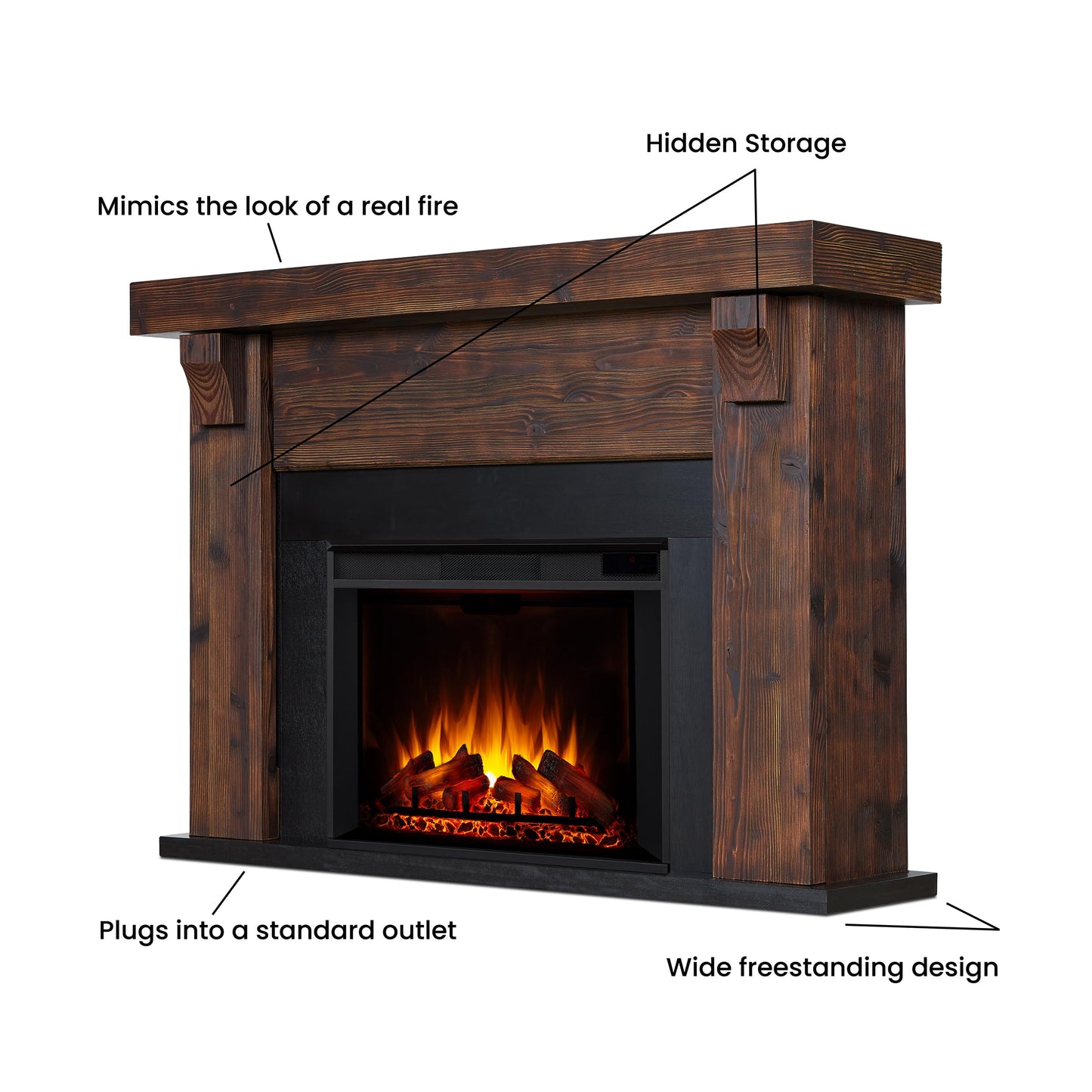 Real Flame Gunnison Grand 64” Electric Fireplace with Mantel for Living Room or Bedroom, Replaceable Fireplace Insert Heater, Realistic Log and Flame Effect, Remote Control, Timer, Barnwood