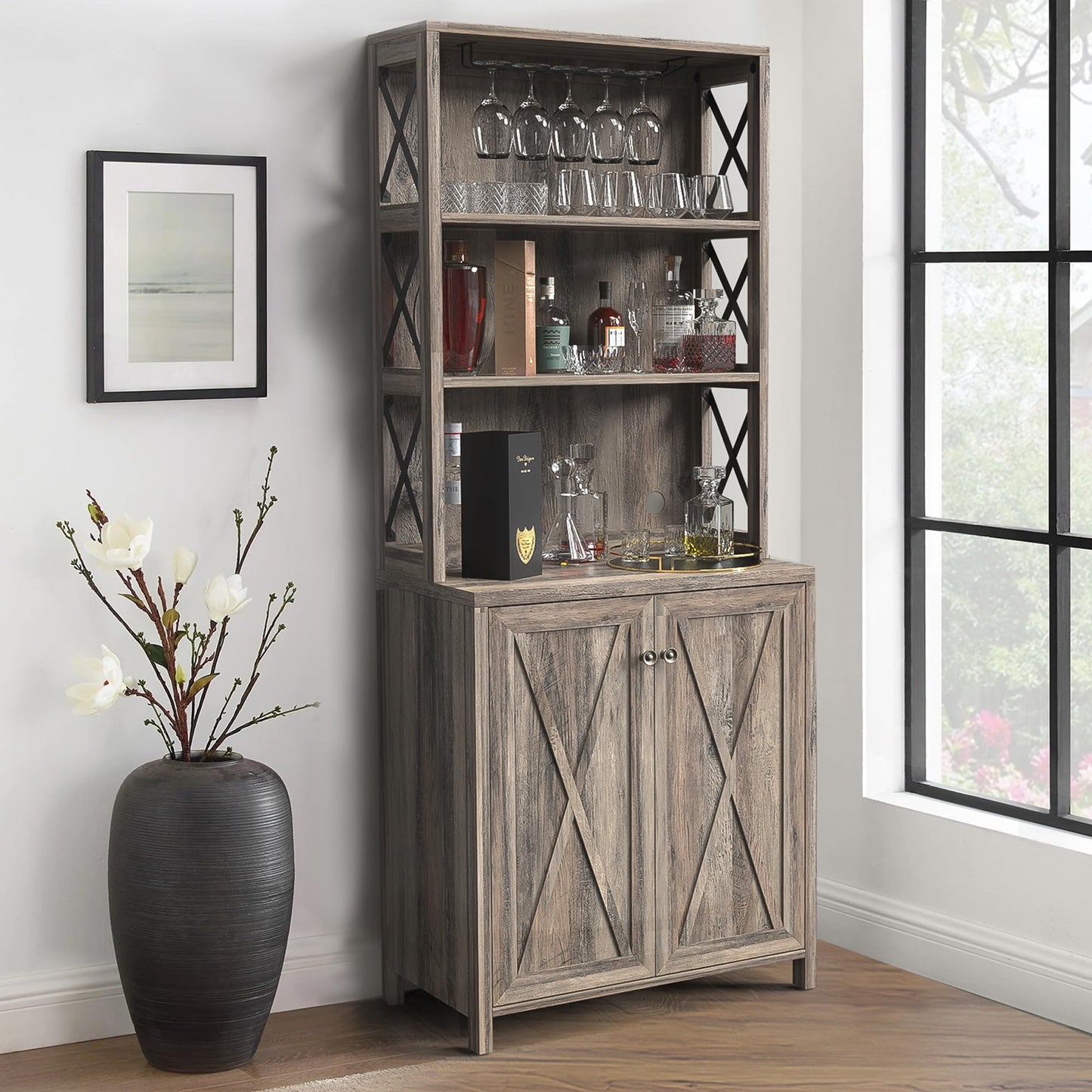 YITAHOME Kitchen Pantry Cabinet Storage Hutch with Microwave Stand Wine Rack, Freestanding Pantry Cabinet with Adjustable Shelves and Cupboard for Home, Rustic Grey Wash