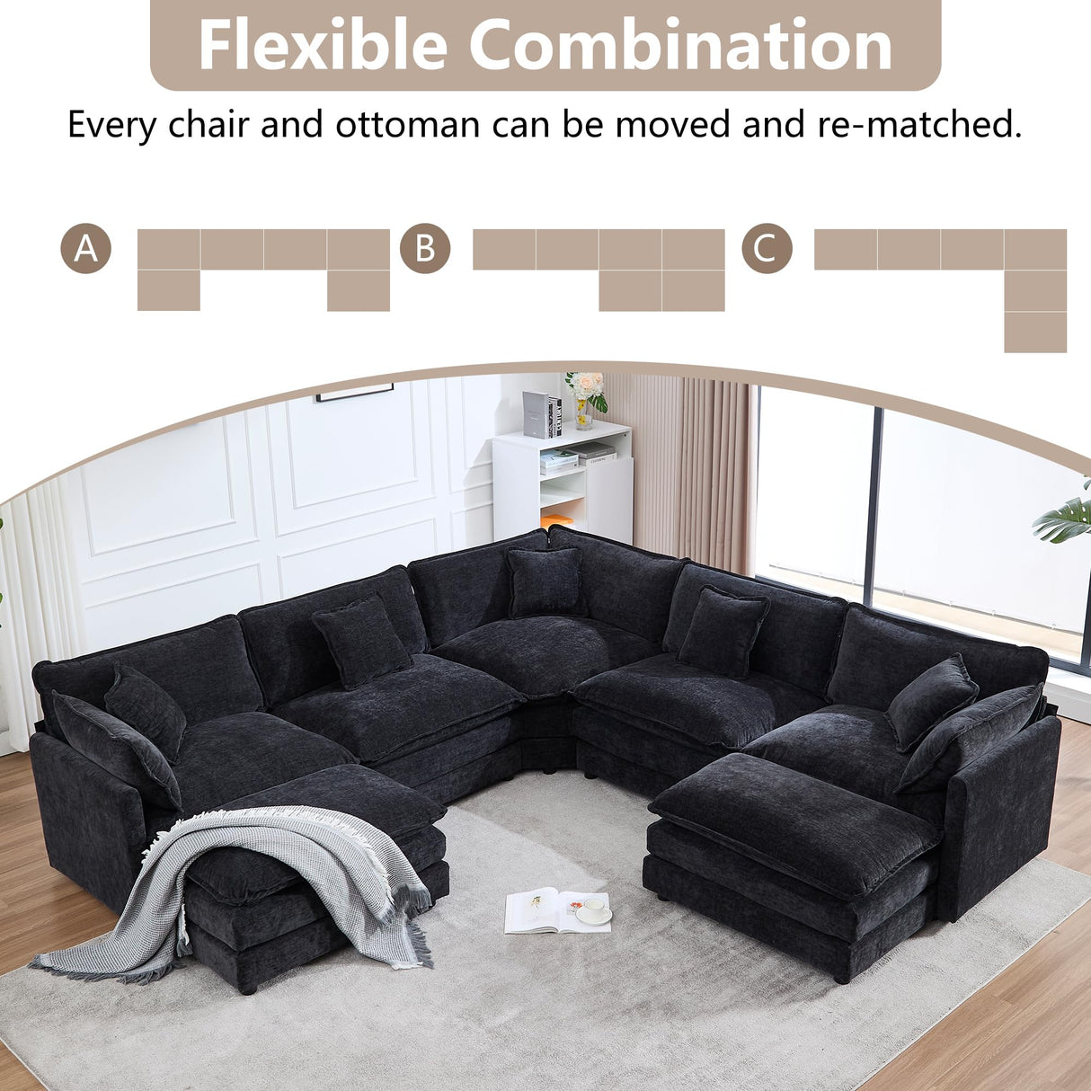 Tmsan 113.4" Deep Seat Sectional Cloud Sofa with 2 Ottomans, Oversized U Shaped Modular Couch, Large 7 Seater Corner Couches for Living Room, Black Chenille Tmsan