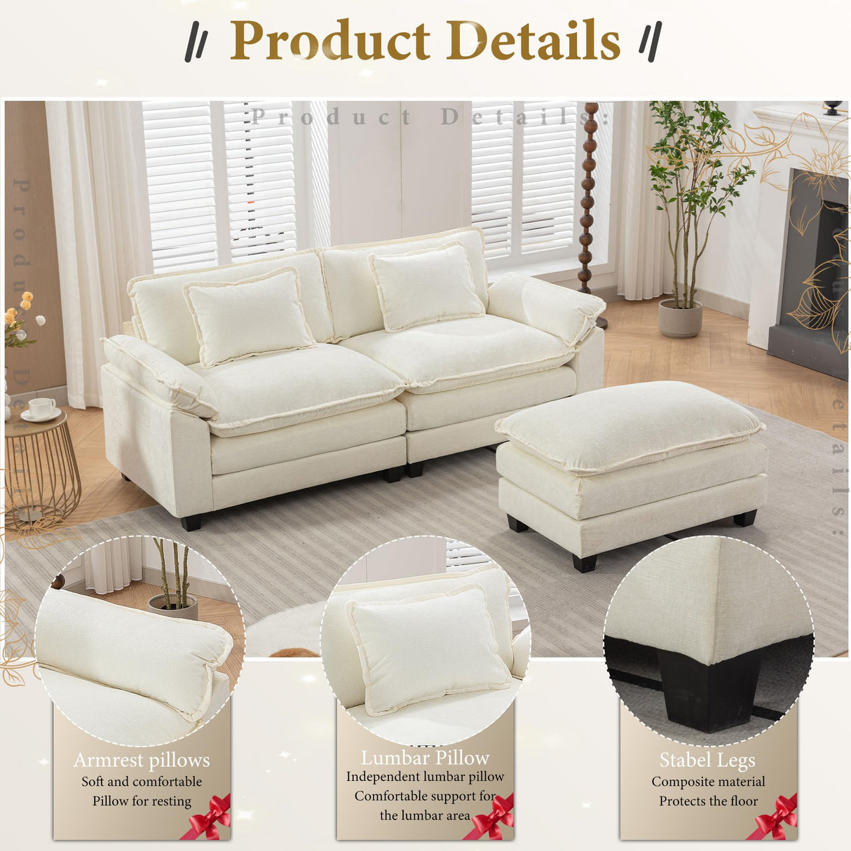 URRED Cloud Couch Modular Sectional Sofa, 82.6" Modern L Shaped Deep Seat Sofa with Ottoman & Pillows, Ultra Comfy Chenille Couches for Living Room, Bedroom or Apartment, White URRED