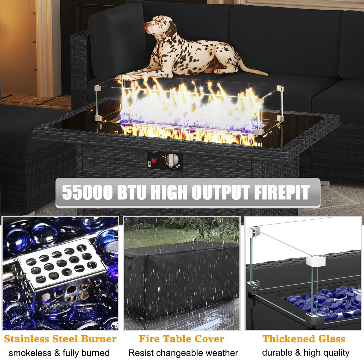 LayinSun 8 Piece Patio Furniture Set with 44" Propane Gas Fire Pit Table, Outdoor Sectional Conversation Set Wicker Rattan Sofa Set with Coffee Table LayinSun