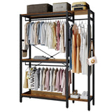 ZERDER Clothes Rack, Heavy Duty Garment Rack for Clothes, Clothing Racks with Shelves and 4 Side Hooks, Freestanding Metal Wooden Closet Organizer, Wardrobe Storage Rack, Brown ZERDER