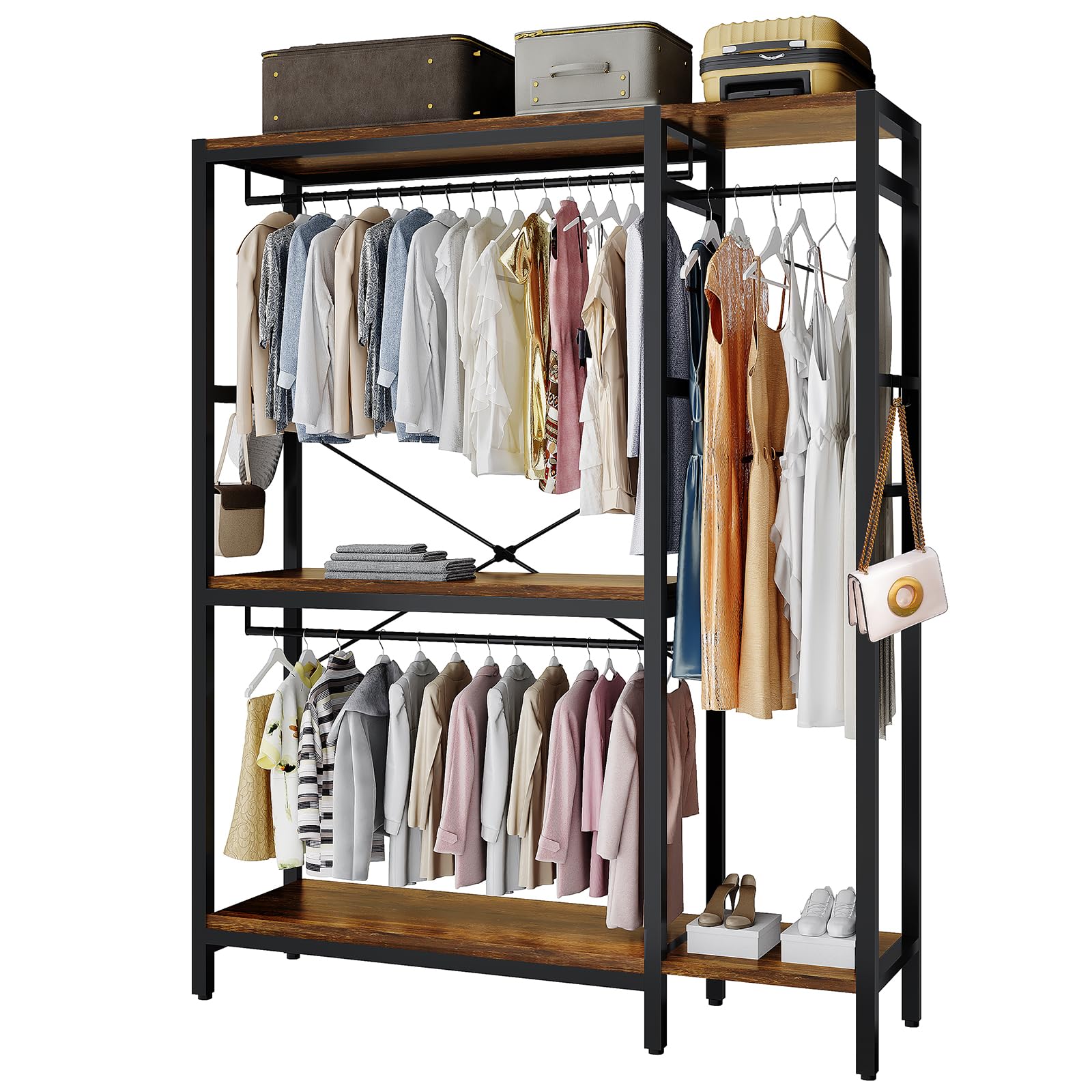 ZERDER Clothes Rack, Heavy Duty Garment Rack for Clothes, Clothing Racks with Shelves and 4 Side Hooks, Freestanding Metal Wooden Closet Organizer, Wardrobe Storage Rack, Brown - WoodArtSupply