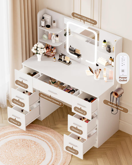 LIVELYGLOW Large Makeup Vanity Desk, 43.3”W x 15.7“D x 53.2”H, White (Large Desktop, Samrt LED Mirror, 4 Open Shelves, 7 Drawers, Hairdryer Rack, Power-Outlet, No Cushion Stool Included) LIVELYGLOW