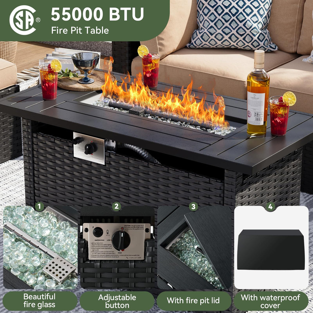 Aoxun 8 Piece Patio Furniture Set with 44” Fire Pit Table Wicker Rattan Patio Sectional Sofa Set Outdoor Seating Furniture with Thickened Cushion, Beige Aoxun