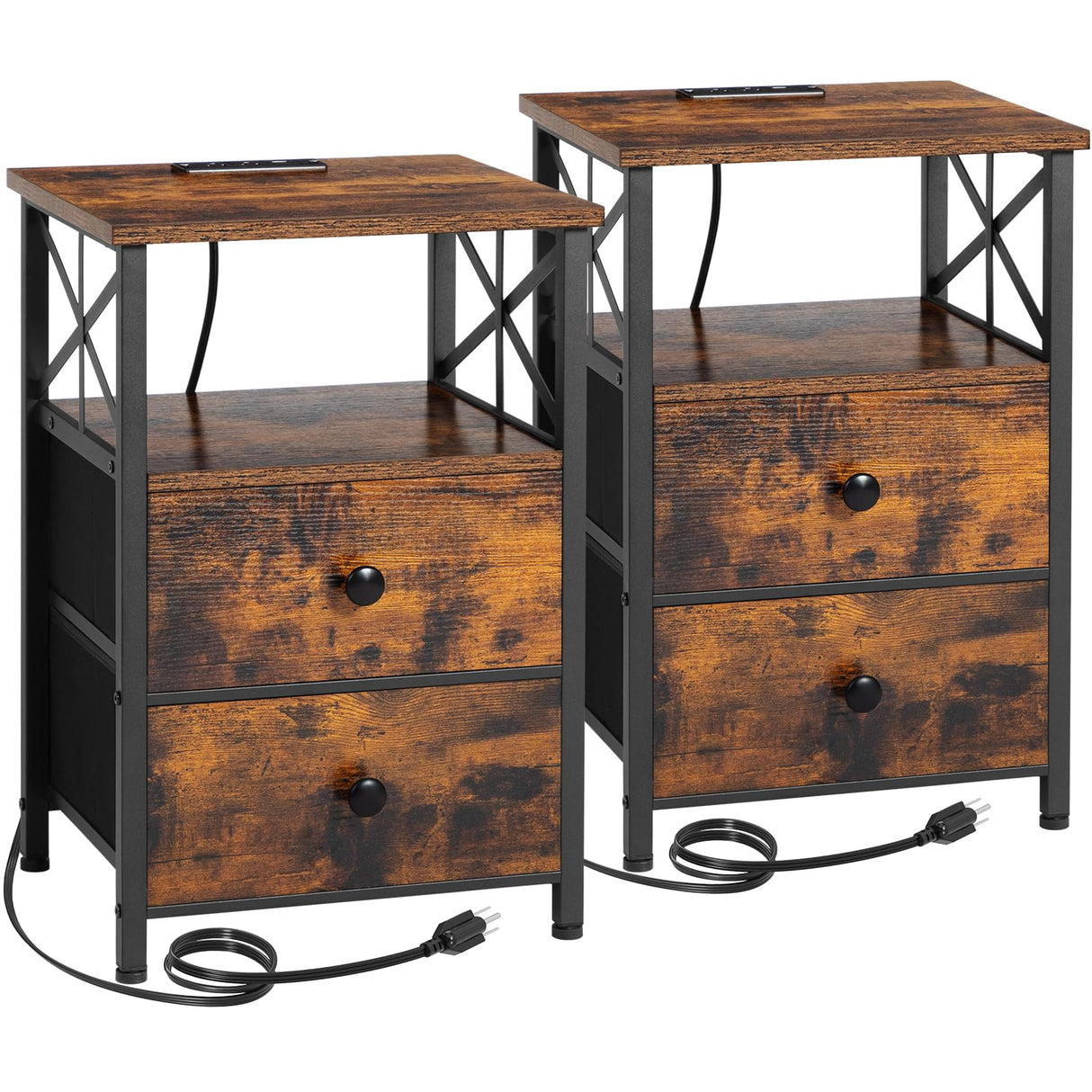 AMHANCIBLE Night Stand Set 2, Nightstand with Charging Station, End Tables Living Room with USB Ports and Outlets, Bedside Tables with Fabric Drawers for Bedroom, Rustic Brown HET05XBR AMHANCIBLE