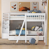 Bellemave L-Shape Triple Bunk Beds with Stairs and Storage Drawers Twin Over Full Bed Attached a Loft Wood Corner Bunked for 3 Kids Boys Girls Teens, White, White Stairs, Bellemave