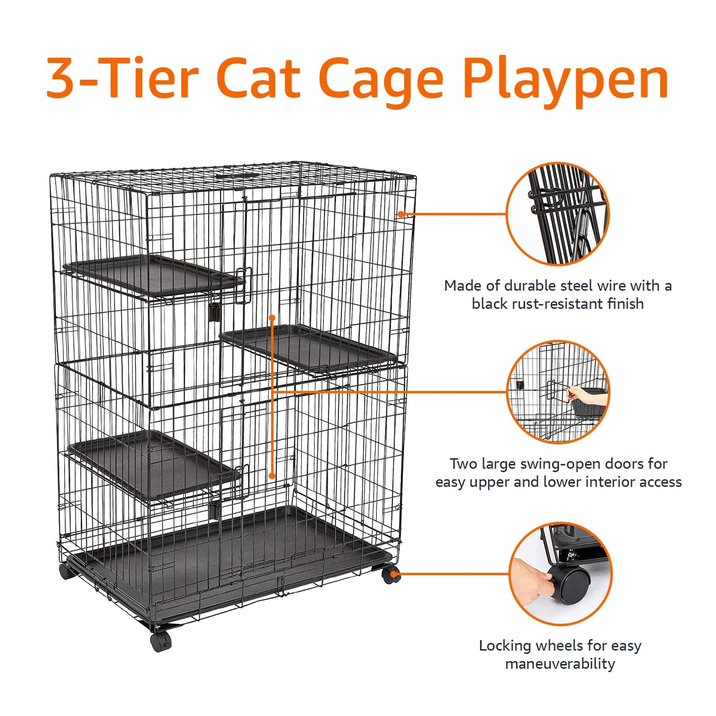 Amazon Basics Large 3-Tier Cat Durable,Pliable Cage Playpen Box Crate Kennel - 35.8"L x 22.4"W x 50.6"H, Black