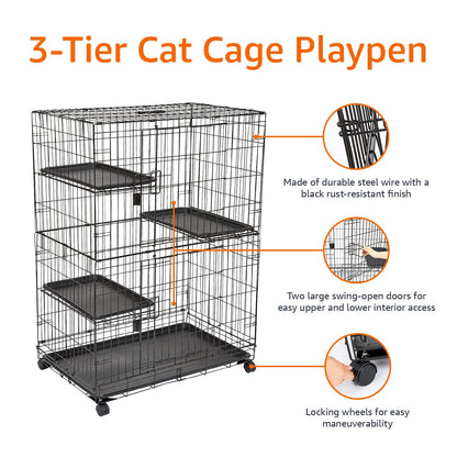 Amazon Basics Large 3-Tier Cat Durable,Pliable Cage Playpen Box Crate Kennel - 35.8"L x 22.4"W x 50.6"H, Black