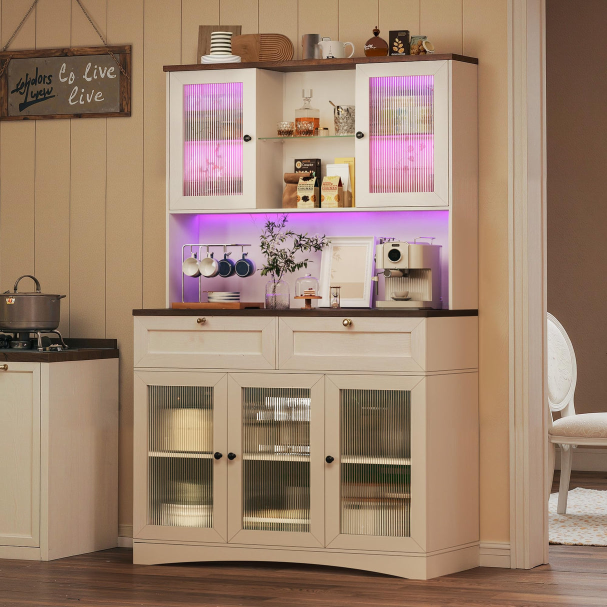 HUAHUU 71" Kitchen Pantry Cabinet with Lights & Acrylic Doors, Pantry Storage Cabinet with Microwave Stand, Kitchen Hutch Food Cabinets with Charging Station, Adjustable Shelves, White HUAHUU