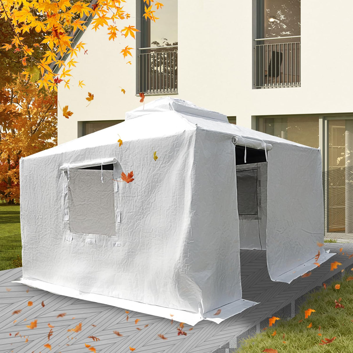 Domi 10' x 12' Universal Winter Gazebo Cover, All Season Waterproof Enclosed Cover with Sidewalls & Ventilated Mesh Windows, All-Weather Outdoor Cover for Hardtop Gazebos, White domi outdoor living